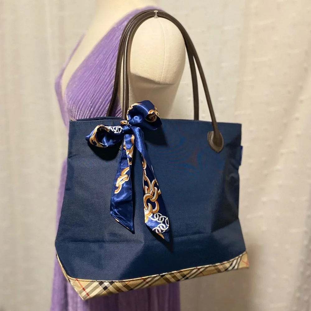 Burberry Navy Tote with Chain-Print Scarf Accent
